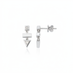 white gold geometric stacked drop earrings on white background