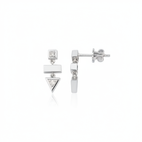 white gold geometric stacked drop earrings on white background