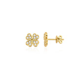 yellow gold four-leaf clover stud earrings on white background