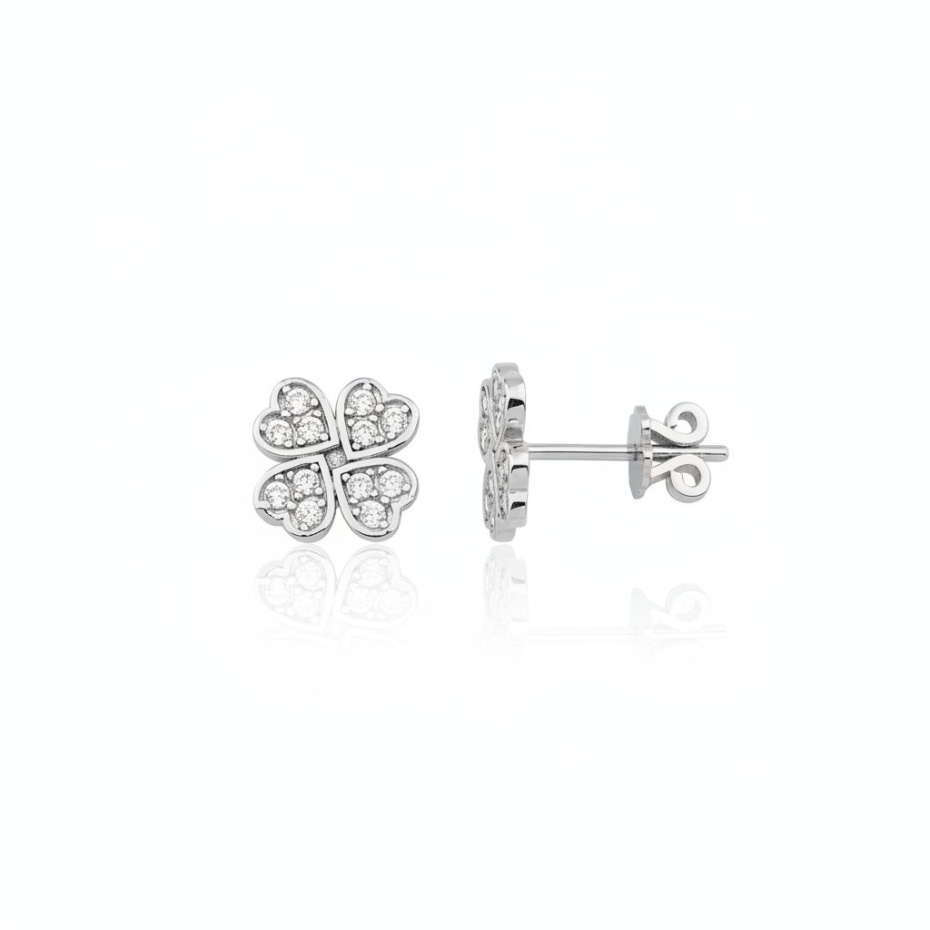 white gold four-leaf clover stud earrings on white background