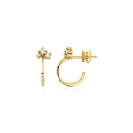 yellow gold open hoop earrings with cluster of stones on white background