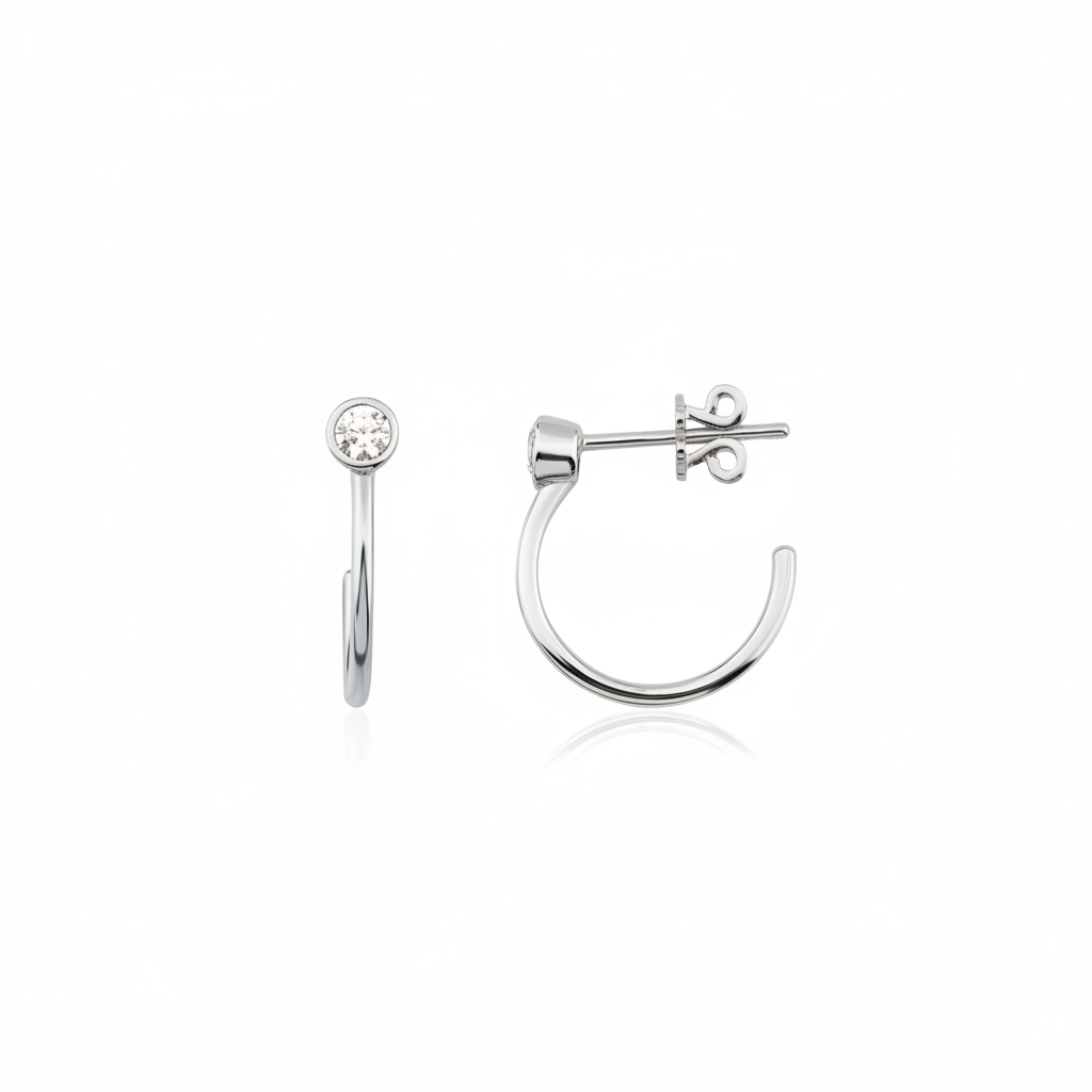 white gold open hoop earrings with bezel-set stone on white background