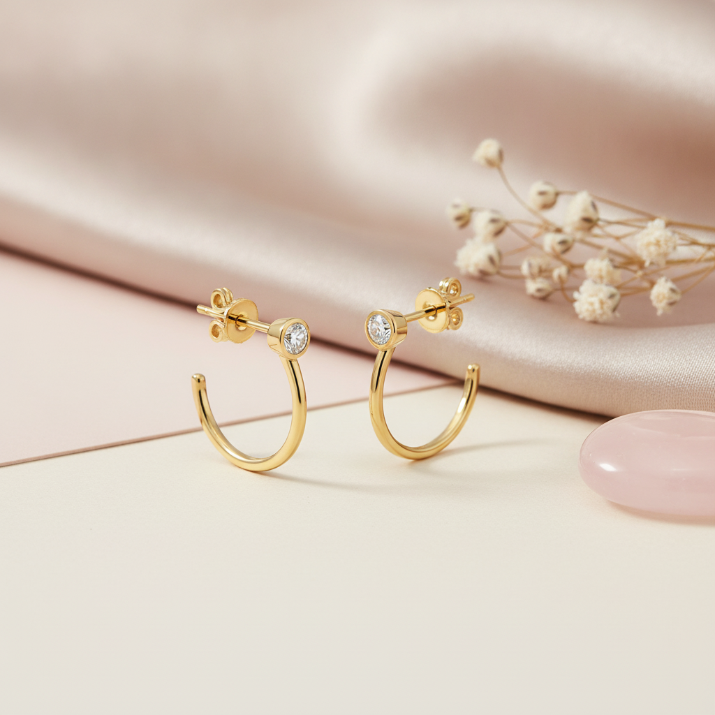 two gold open hoop earrings with a single bezel-set clear stone, on a two-tone pink and cream background with dried baby's breath