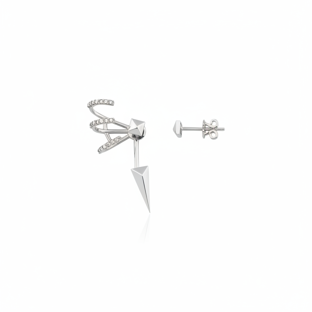 white gold sculptural pyramid and spike earrings on white background