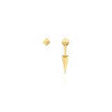 yellow gold faceted pyramid and spike drop stud earrings on white background