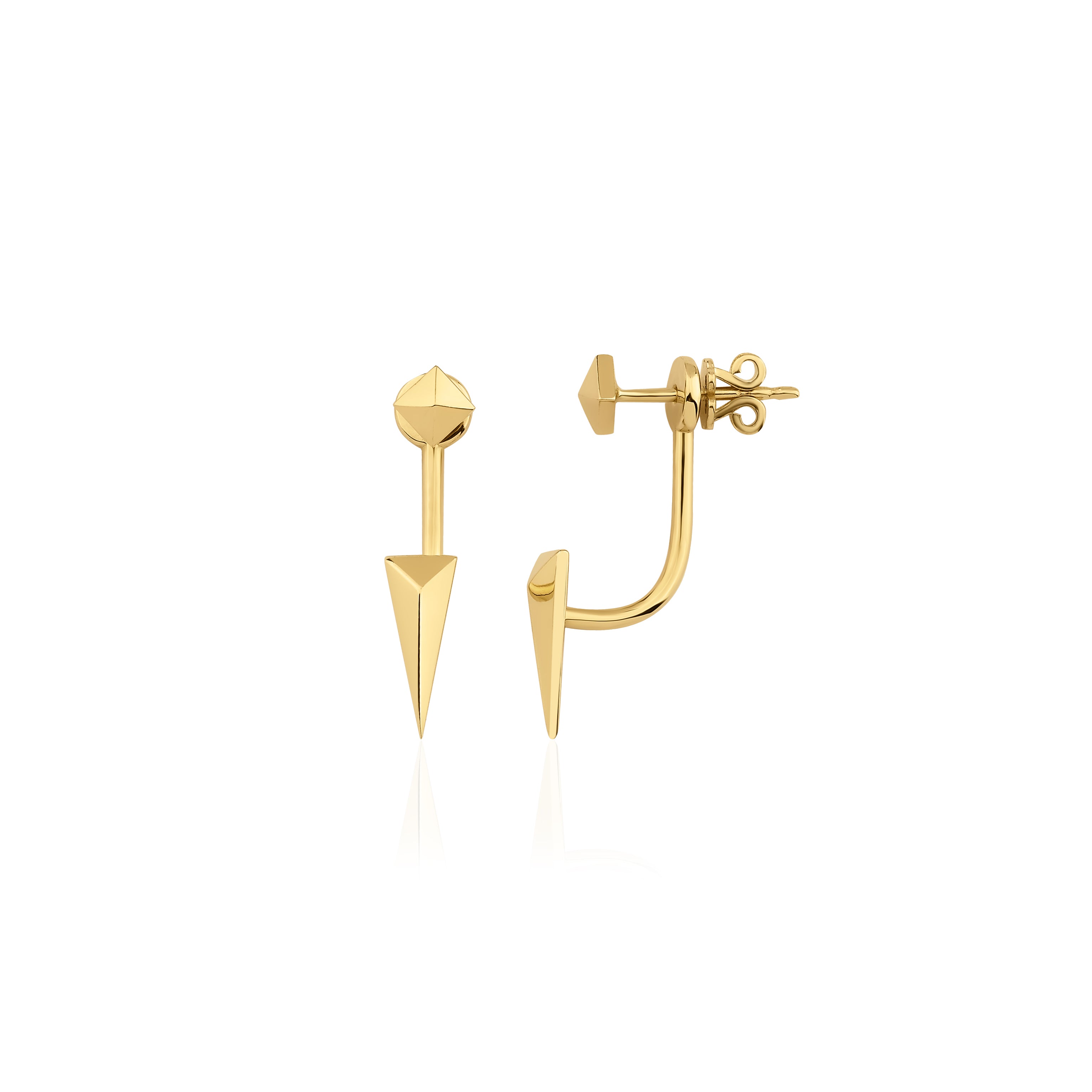 yellow gold pyramid stud and spike jacket earrings on white background