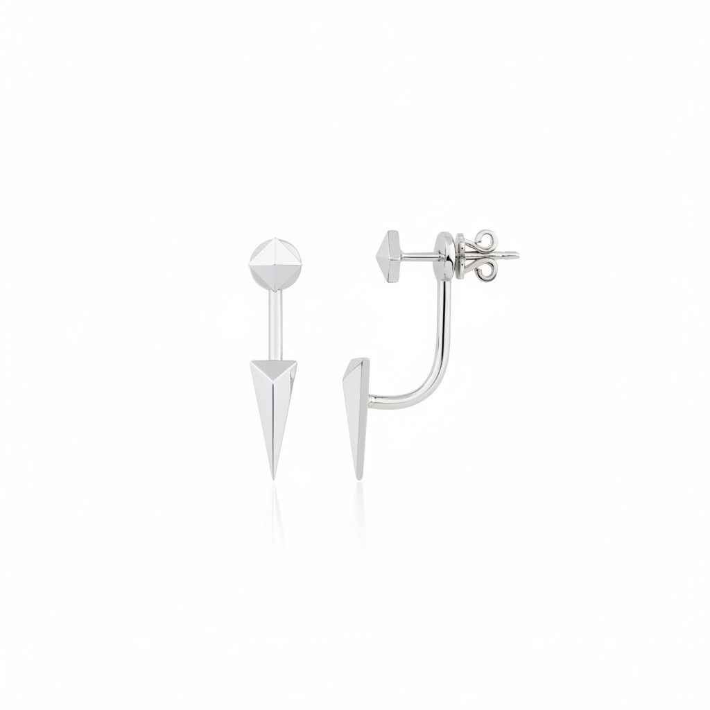 white gold pyramid stud and spike jacket earrings on white background