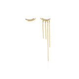 yellow gold mismatched curved bar earrings with cascading chains on white background