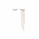 rose gold mismatched curved bar earrings with cascading chains on white background