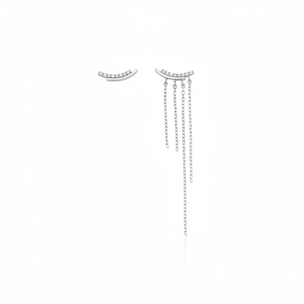 white gold mismatched curved bar earrings with cascading chains on white background