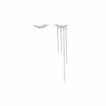 white gold mismatched curved bar earrings with cascading chains on white background