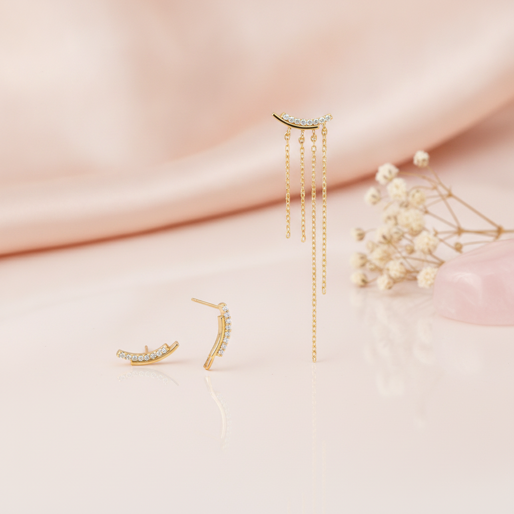 mismatched gold curved bar earrings with pave stones, one side trailing cascading chains, styled on a blush fabric backdrop with dried flowers