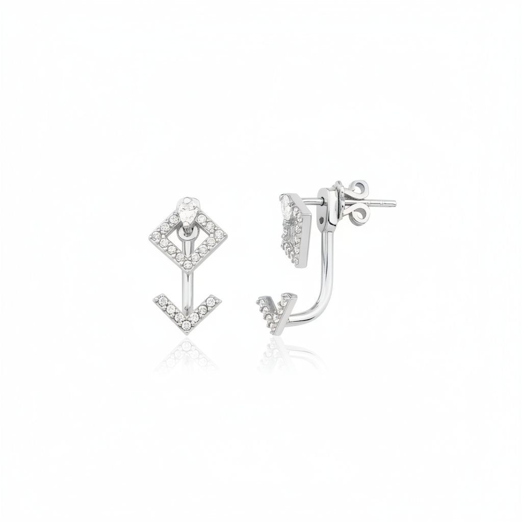 white gold rhombus stud with floating chevron ear jacket on white background