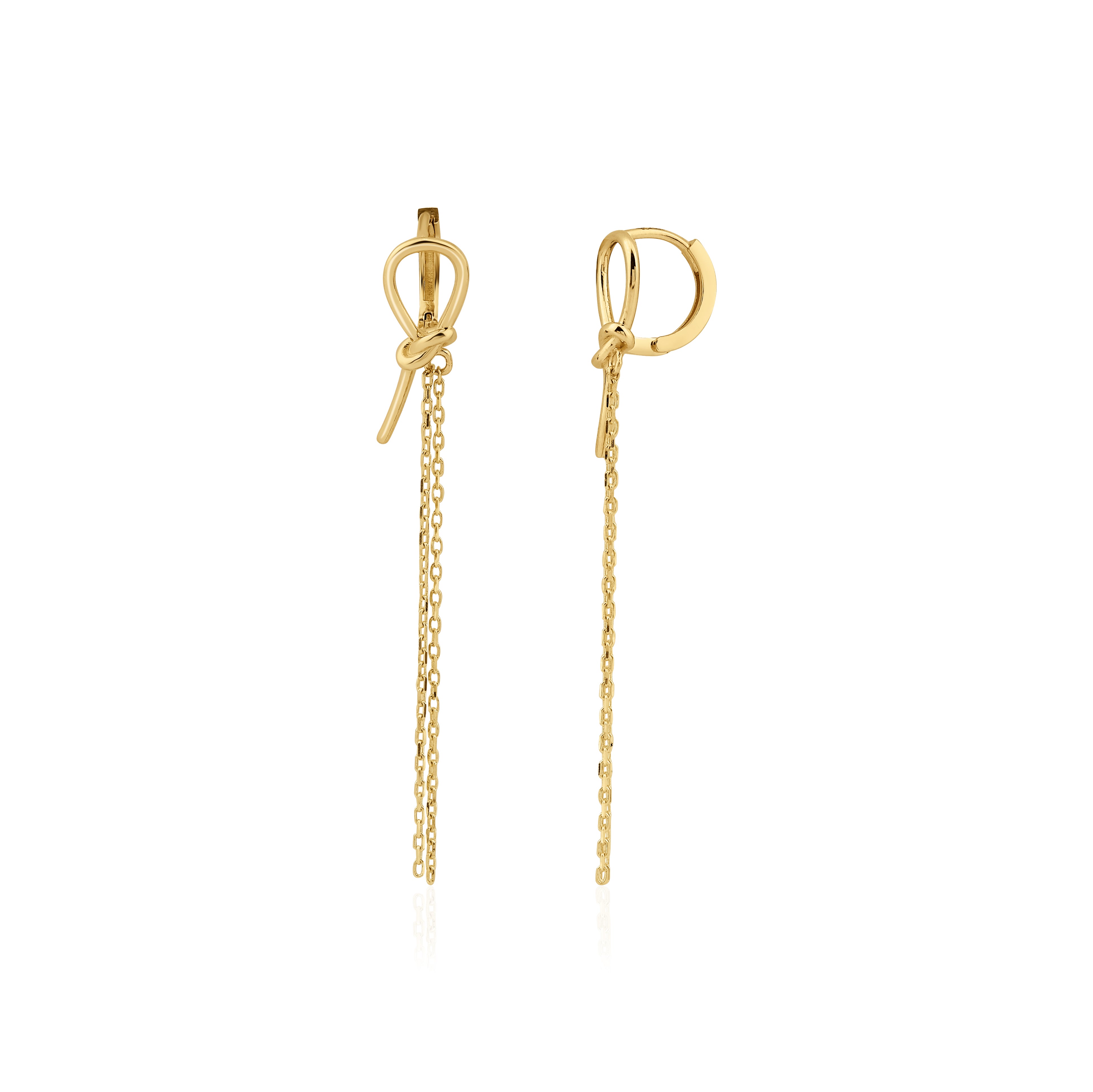 yellow gold knot huggie hoop earrings with drop chains on white background