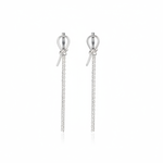 white gold knot huggie hoop earrings with drop chains on white background