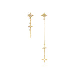 yellow gold asymmetrical starburst drop earrings on white background