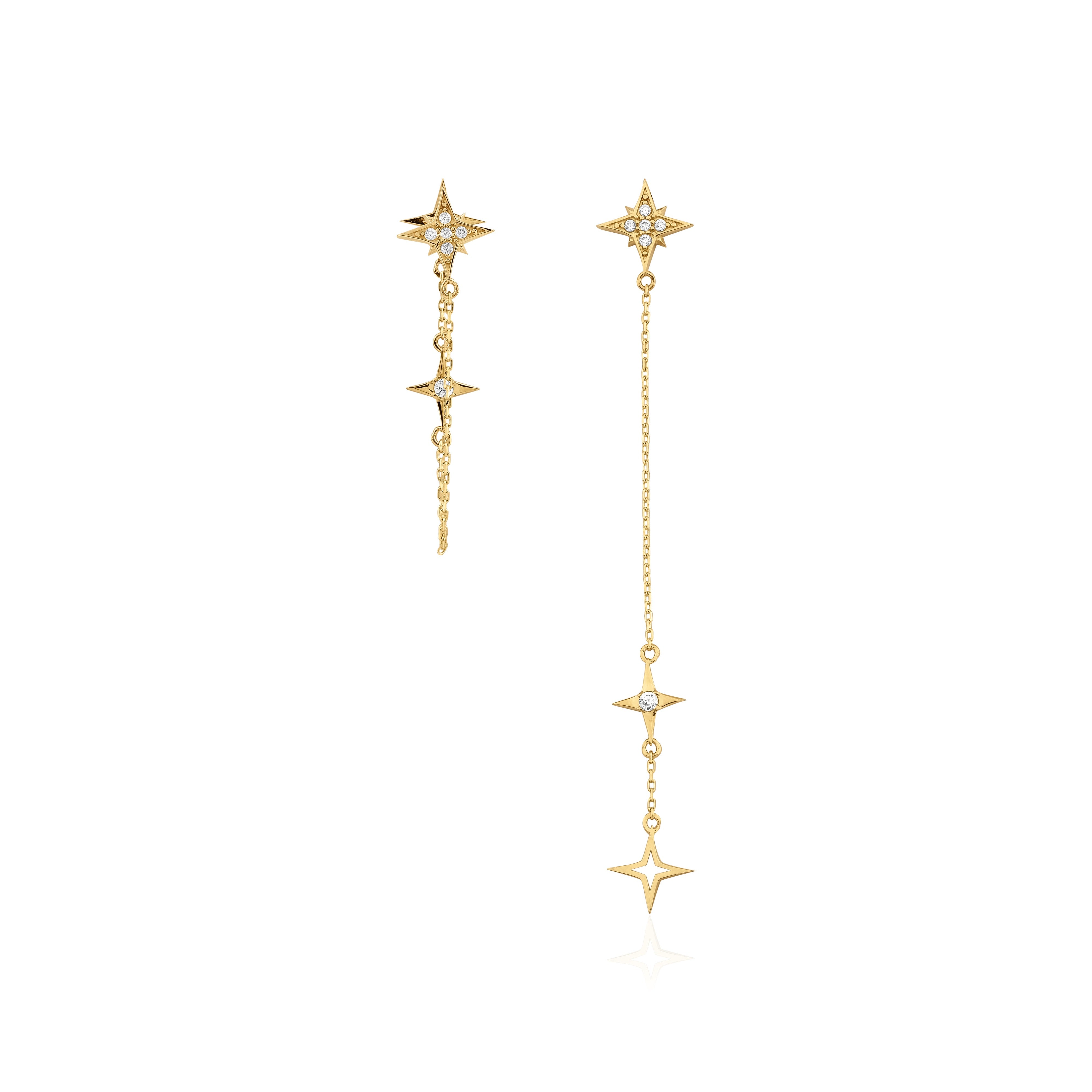 yellow gold asymmetrical starburst drop earrings on white background