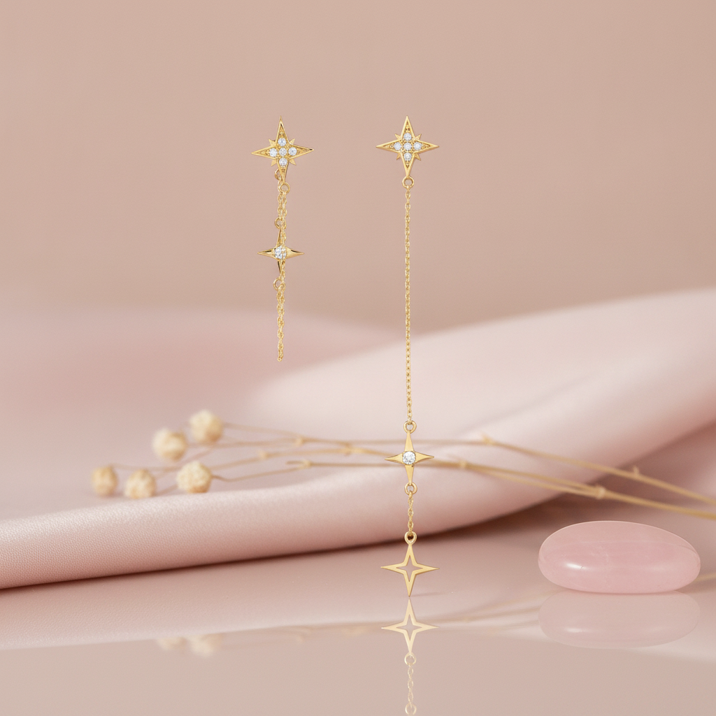 asymmetrical gold starburst drop earrings on chains of different lengths styled on a blush fabric backdrop with dried flowers and a pink stone