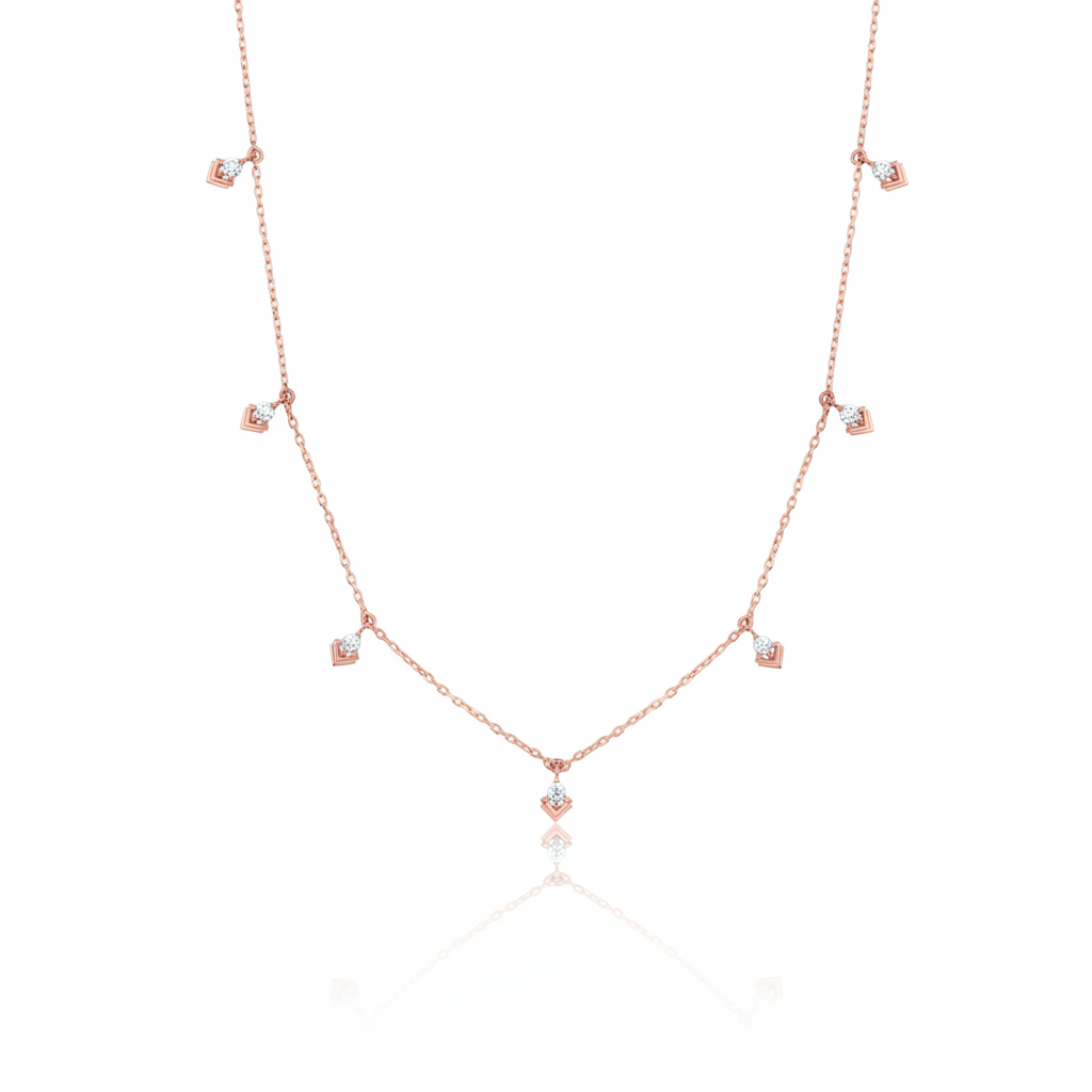 rose gold chevron drop necklace on white background