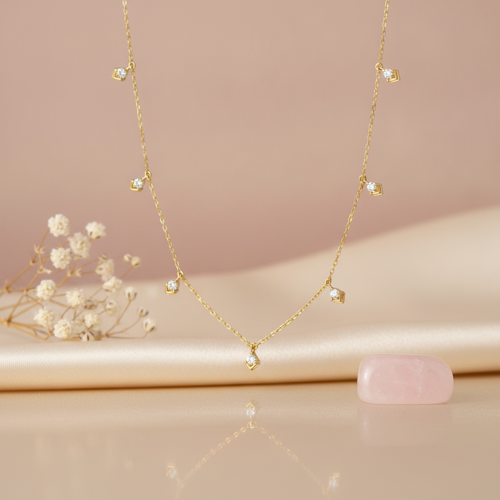 gold necklace with V-shaped chevron drops set with White CZ stones styled on a blush fabric backdrop with dried flowers and a pink stone
