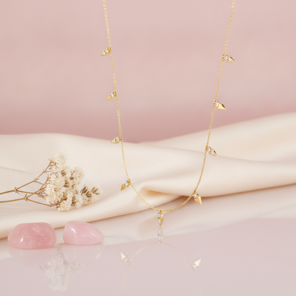gold necklace with small triangular charms alternating polished gold and pave stones styled on a blush and cream fabric backdrop with dried flowers and pink stones
