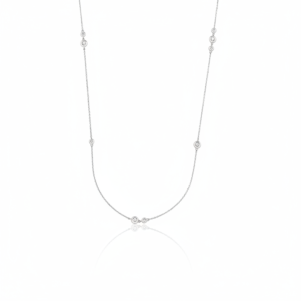white gold scattered stone necklace on white background