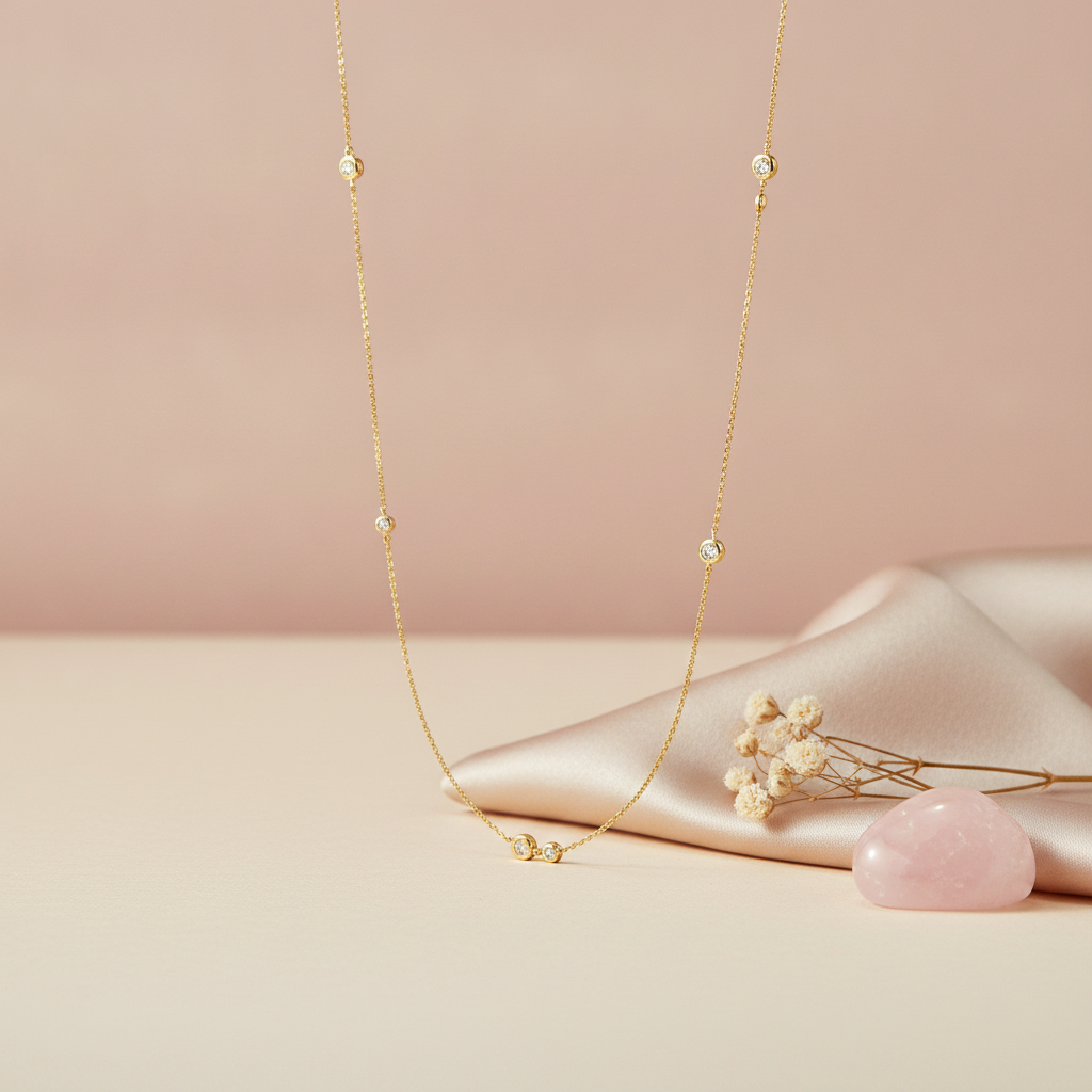 gold necklace with scattered bezel-set stones styled with dried flowers and a pink stone on a blush background