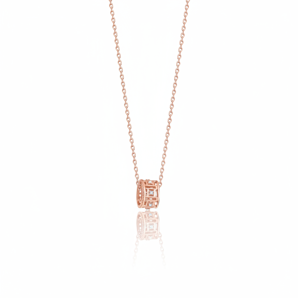rose gold barrel pendant necklace on white background