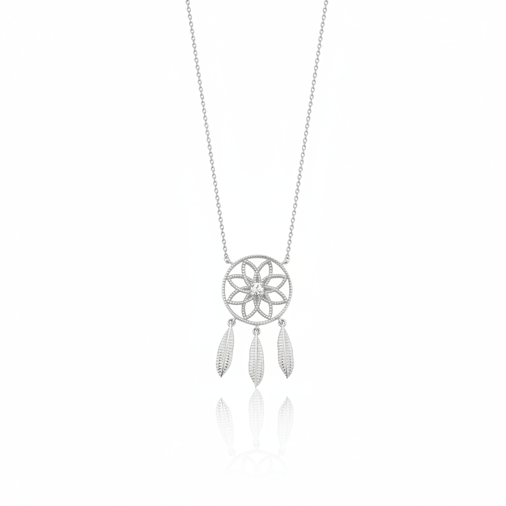 white gold dreamcatcher pendant necklace on white background