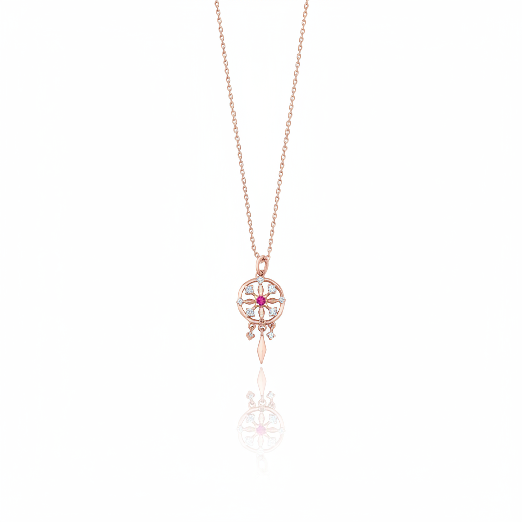 rose gold talisman wheel necklace on white background