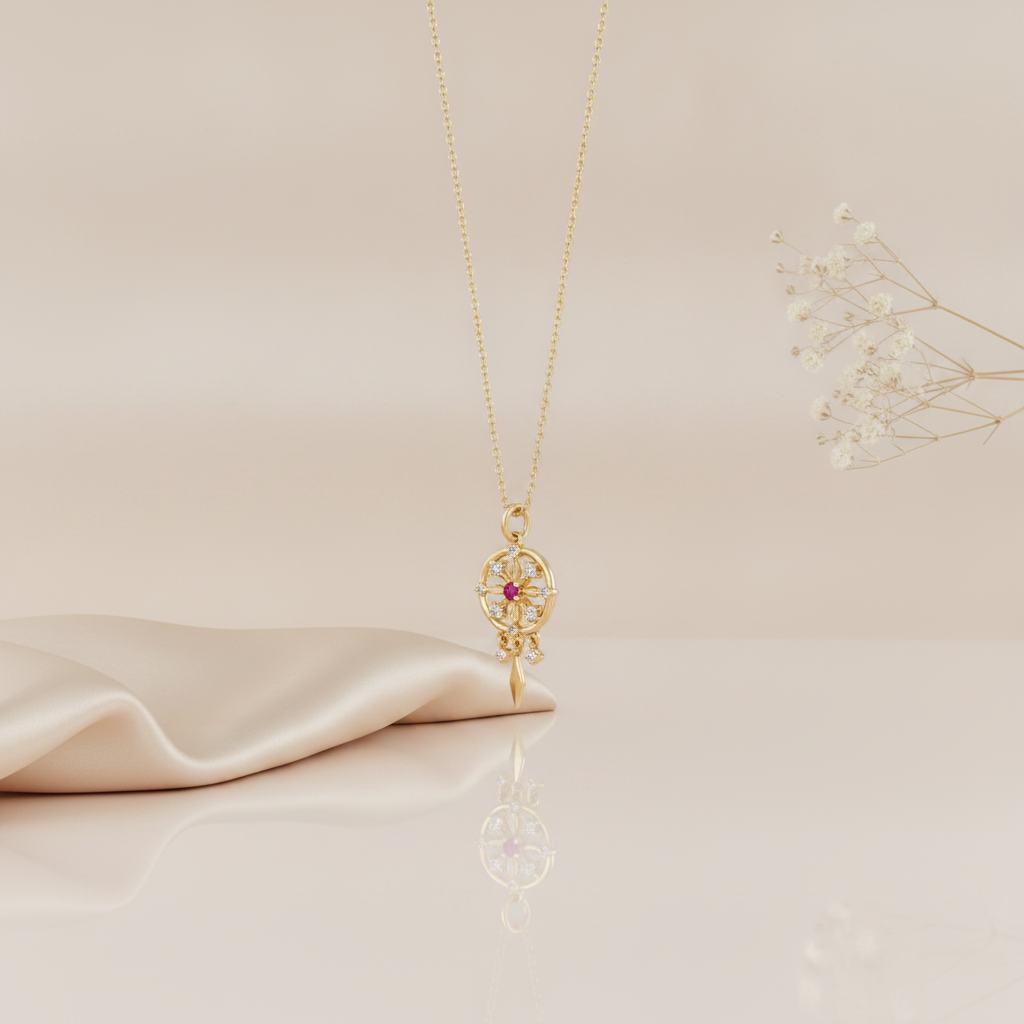 gold talisman wheel necklace with a pink center stone styled with dried flowers on a cream background