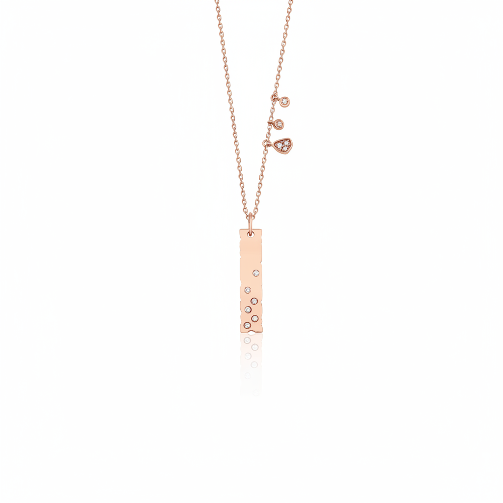 rose gold bar charm necklace on white background