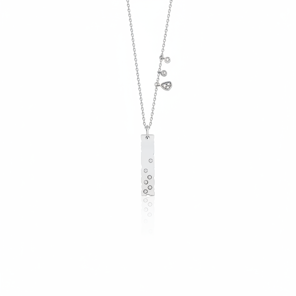 white gold bar charm necklace on white background