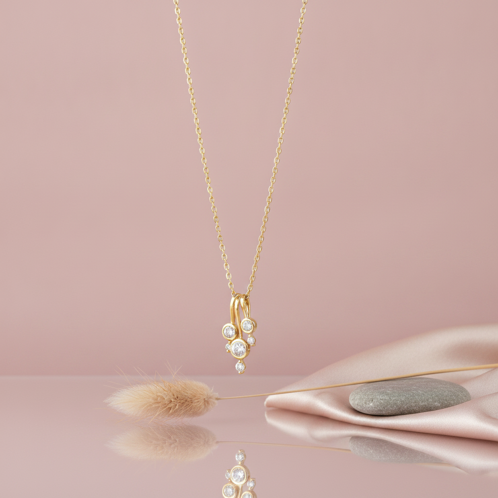 gold cascade drop necklace with clustered stones styled with pebbles on a cream background