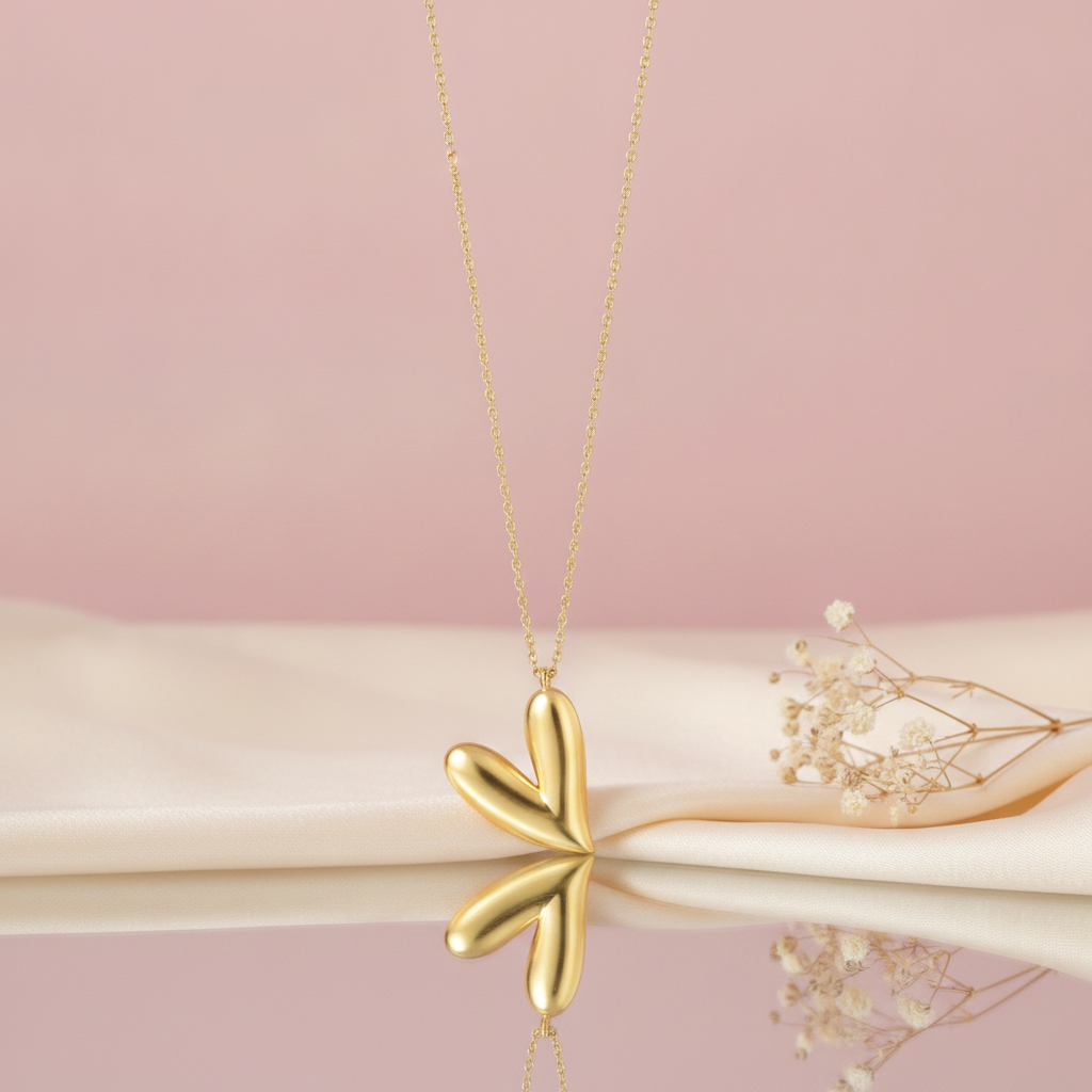 gold tilted heart pendant necklace styled with dried baby's breath on a blush background