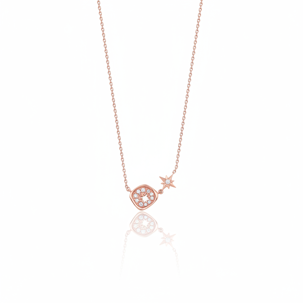 rose gold starburst pendant necklace on white background