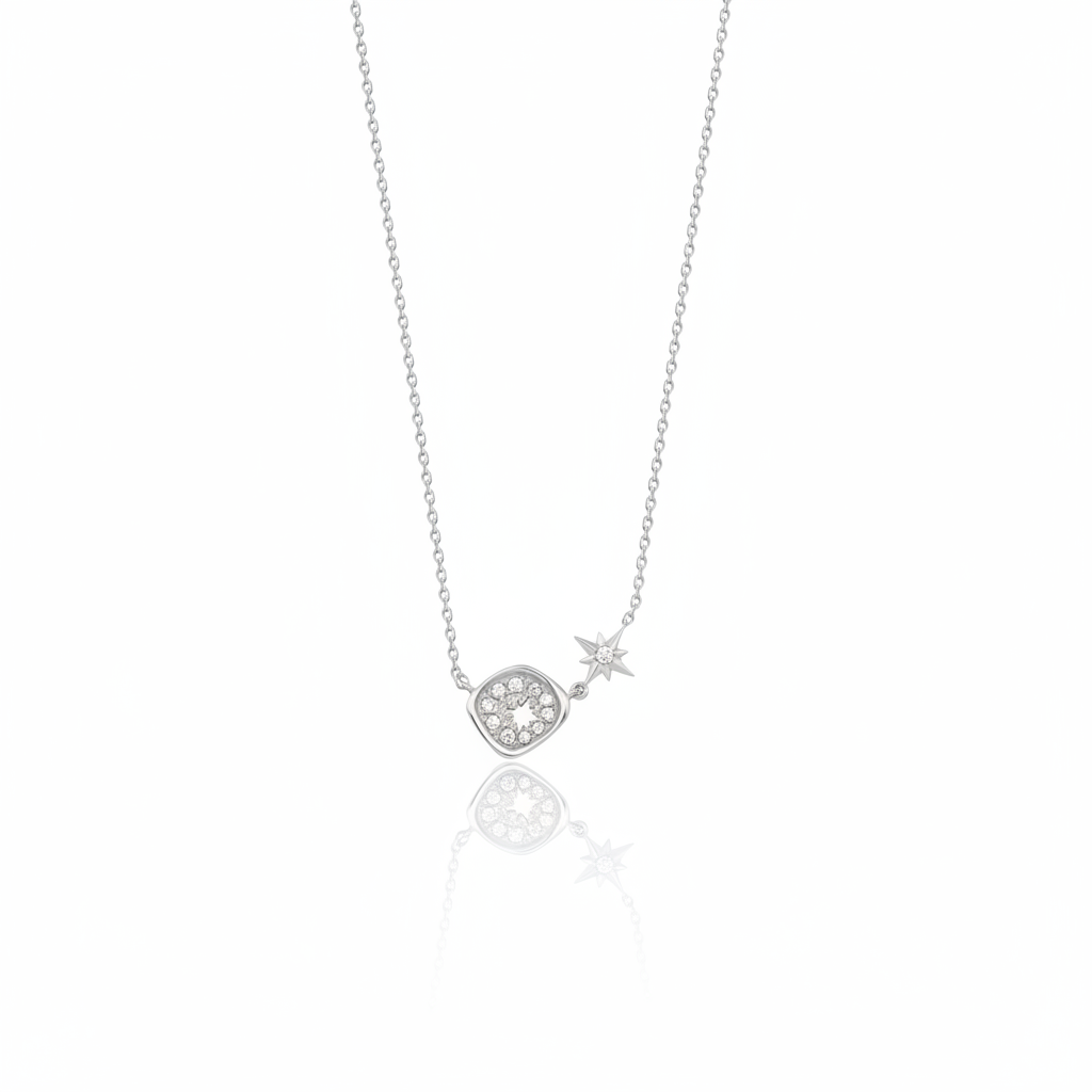 white gold starburst pendant necklace on white background
