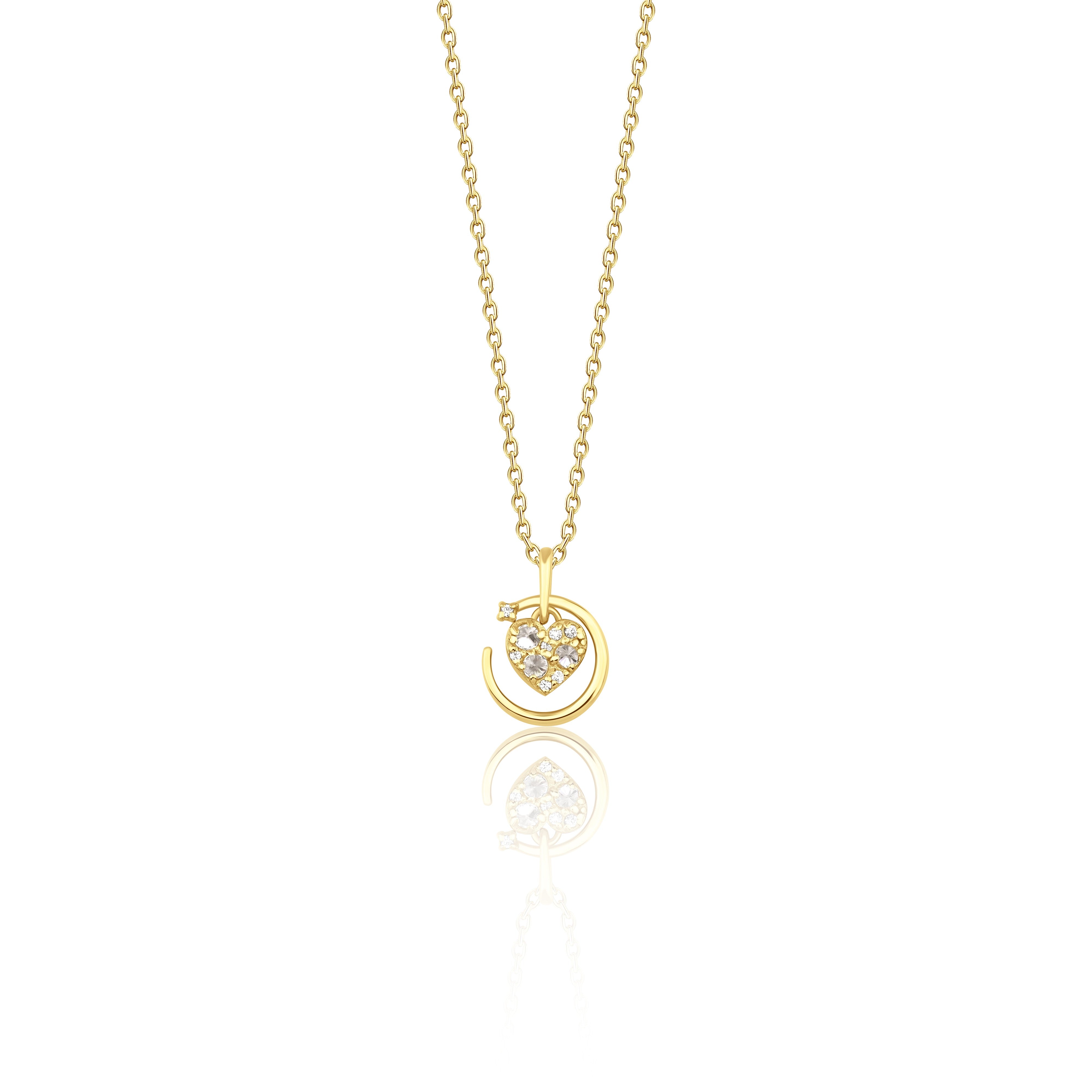 yellow gold heart crescent pendant necklace on white background