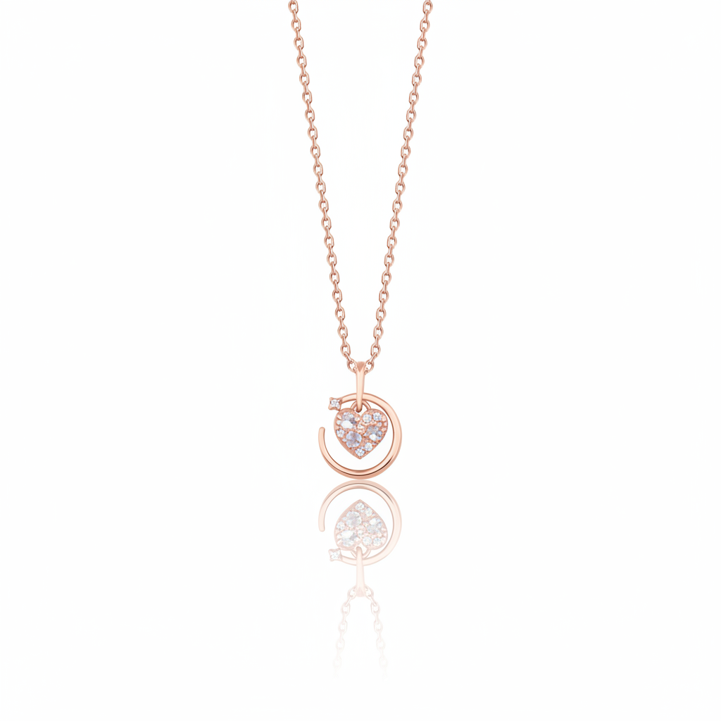 rose gold heart crescent pendant necklace on white background