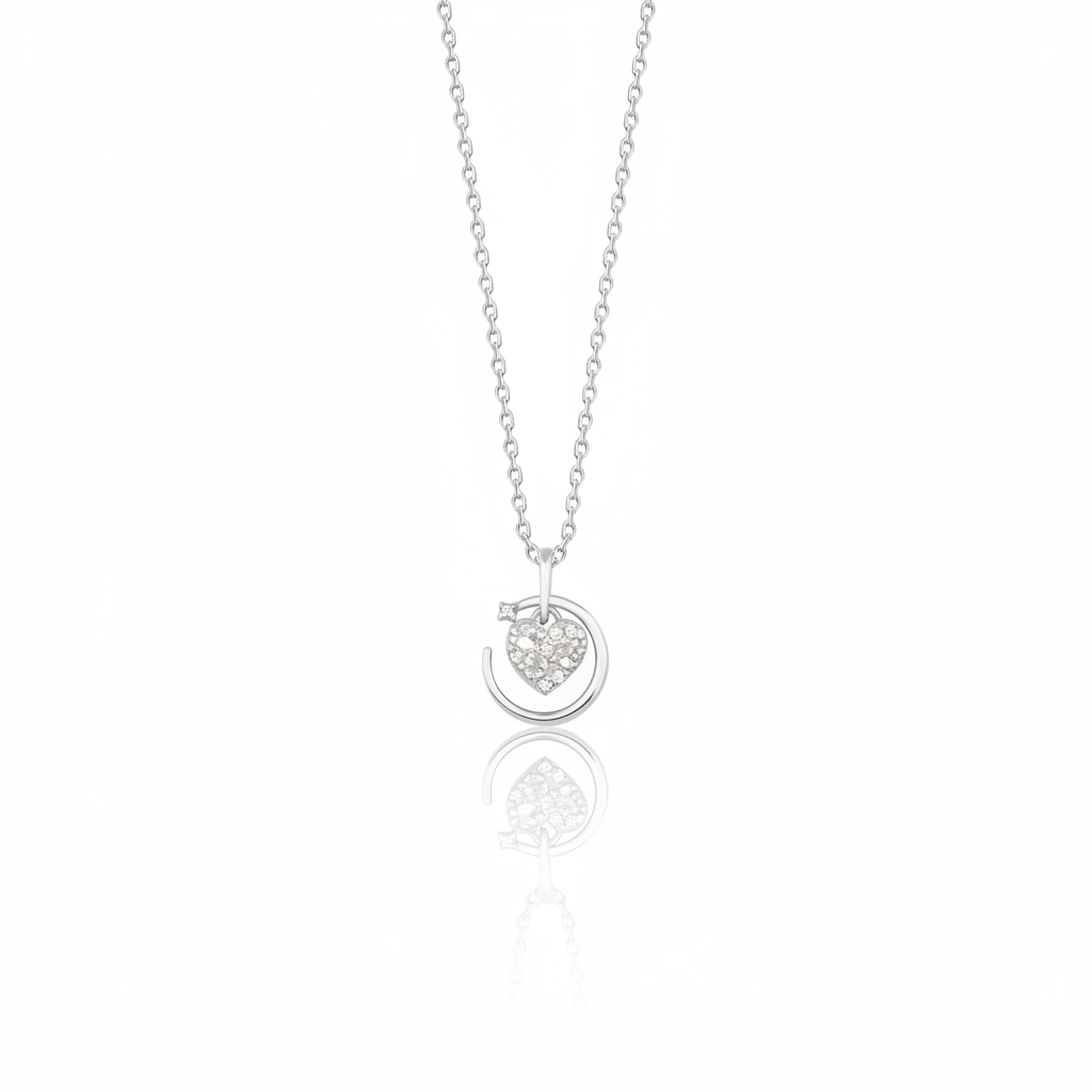 white gold heart crescent pendant necklace on white background
