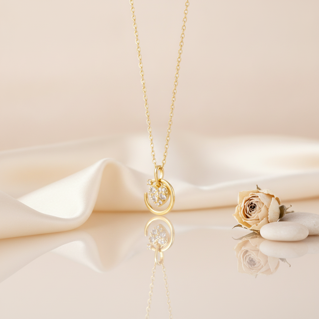 gold heart and crescent pendant necklace styled with a dried rose on a cream background