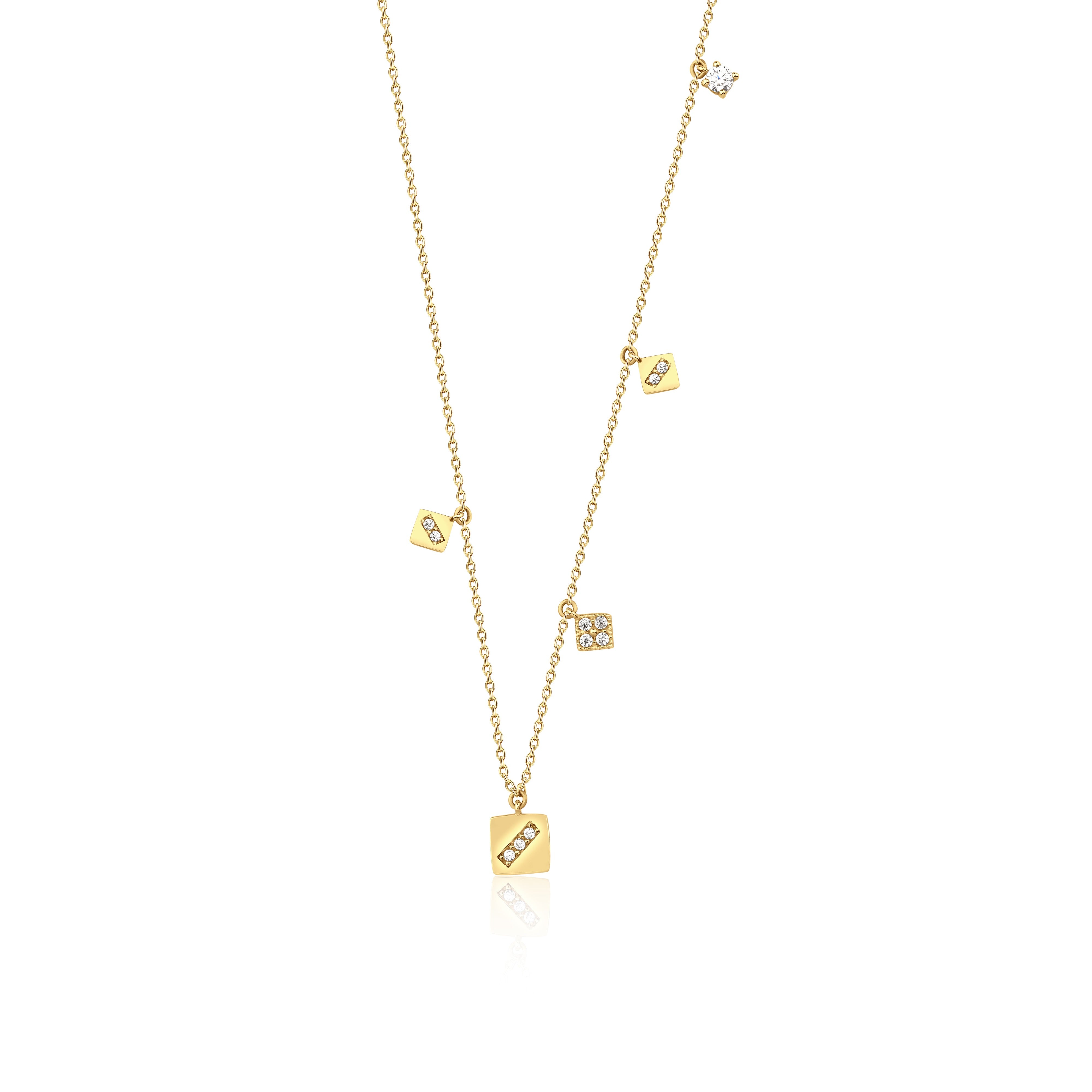 yellow gold square charm necklace on white background