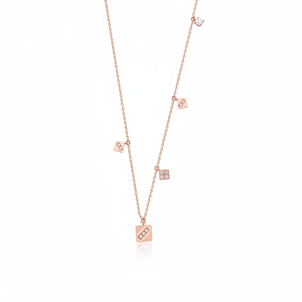 rose gold square charm necklace on white background
