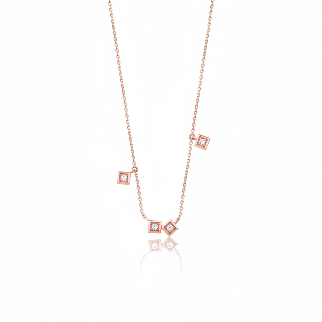 rose gold square frame necklace on white background