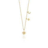 yellow gold moon and star pendant necklace on white background