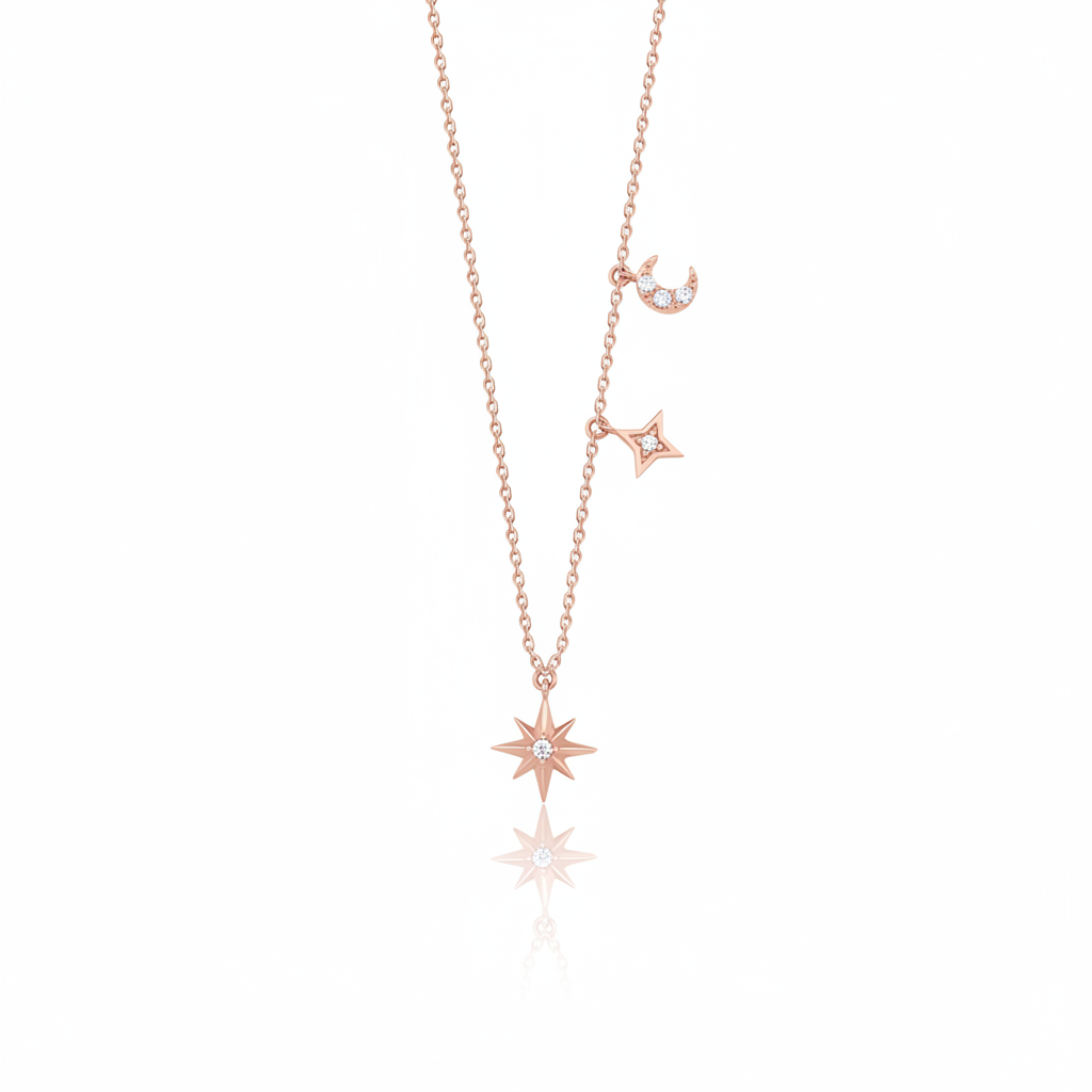 rose gold moon and star pendant necklace on white background