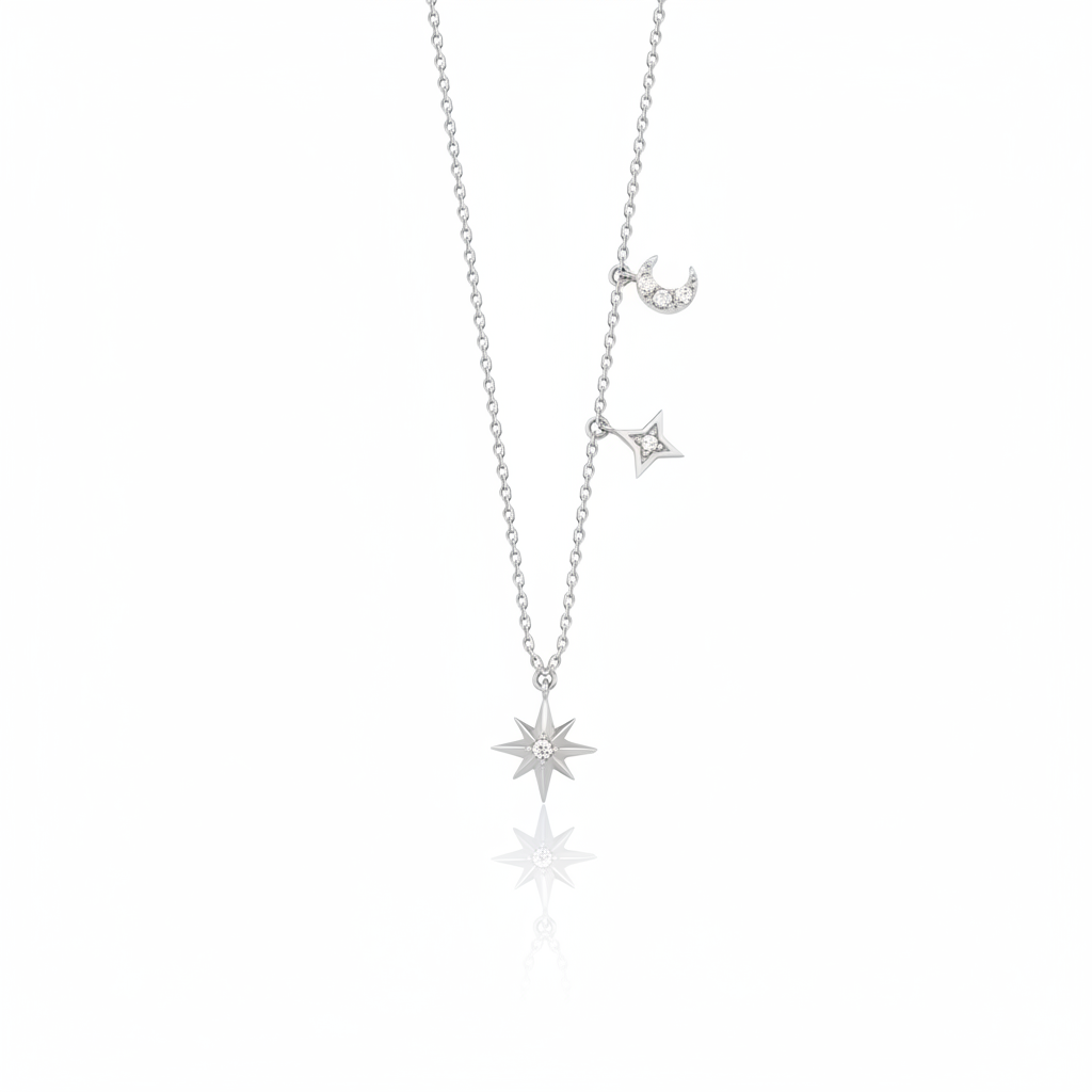 white gold moon and star pendant necklace on white background
