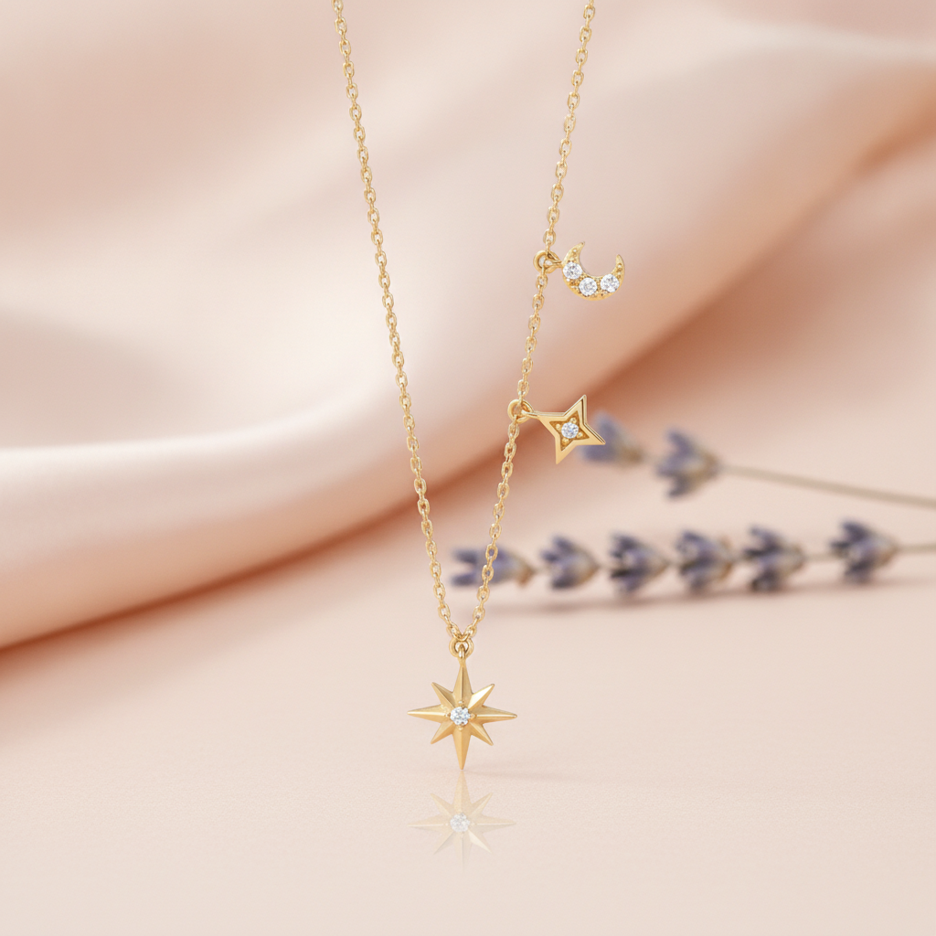 gold moon and star pendant necklace styled with a fuzzy pink stem on a blush background