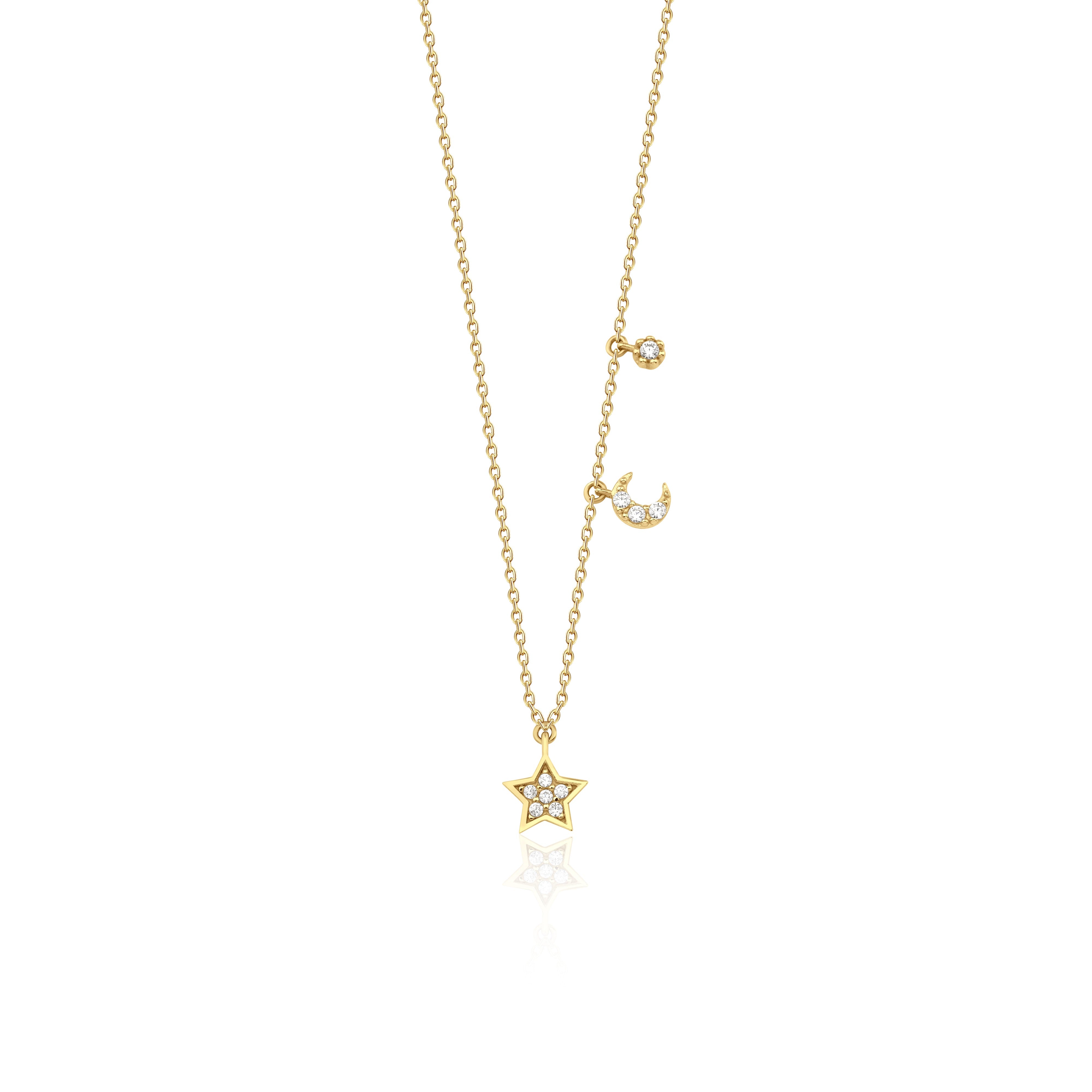 yellow gold crescent moon and star pendant necklace on white background