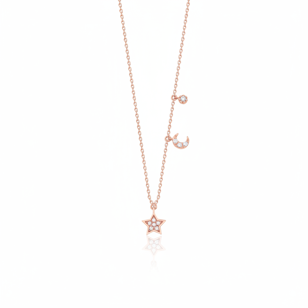 rose gold crescent moon and star pendant necklace on white background
